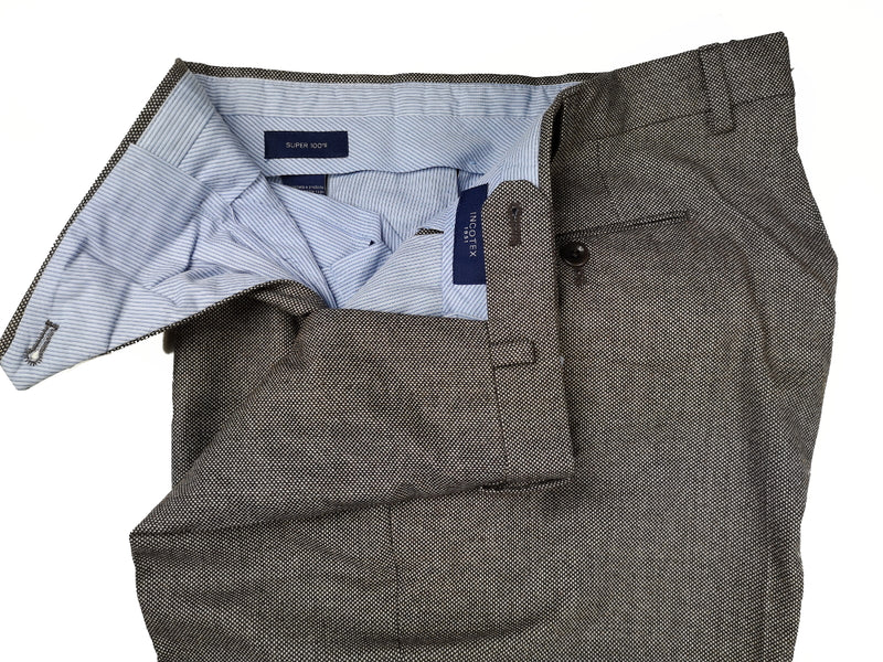 Incotex Trousers: 34 Earthy grey weave flat front Super 100's wool