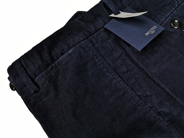 Incotex Trousers: 32, Navy corduroy flat front pure cotton