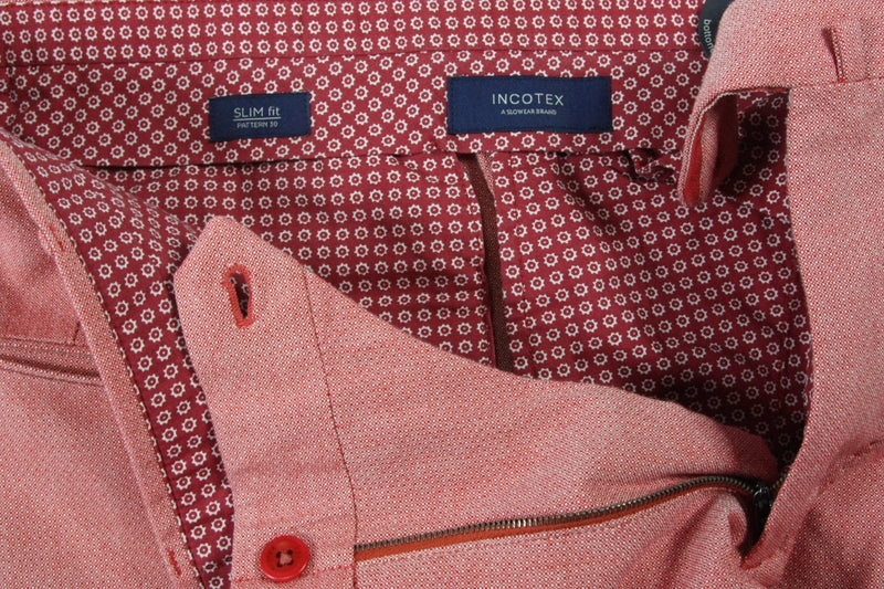 Incotex Trousers: 34, Red with white mini circular pattern, flat front, regular, pure cotton