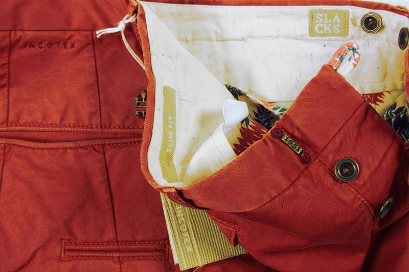 Incotex Trousers: 34, Burnt red-orange, flat front, slim, pure cotton