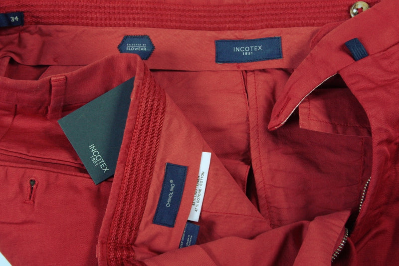 Incotex Trousers: 34, Red, flat front, regular, linen/cotton