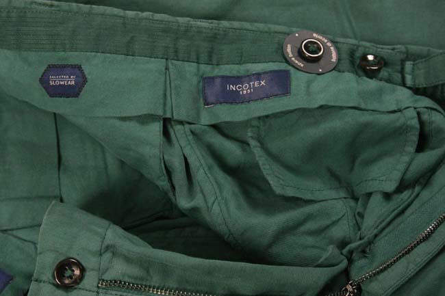 Incotex Trousers: 34, Dark jade green , flat front, linen/cotton