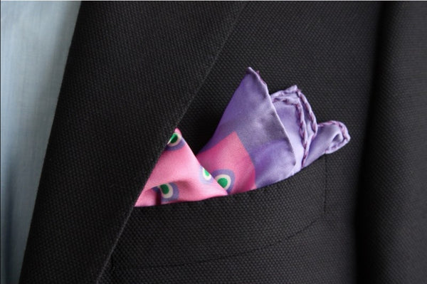Kiton Pocket Square Pink & periwinkle bullseye pattern, pure silk