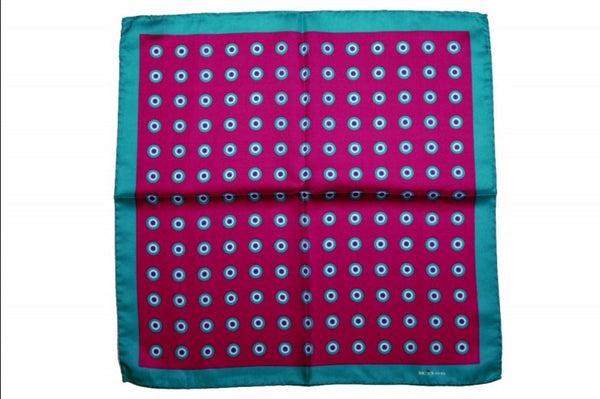 Kiton Pocket Square Fuchsia & teal bullseye pattern, pure silk