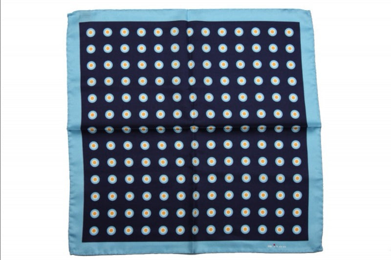 Kiton Pocket Square Navy & sky bullseye pattern, pure silk