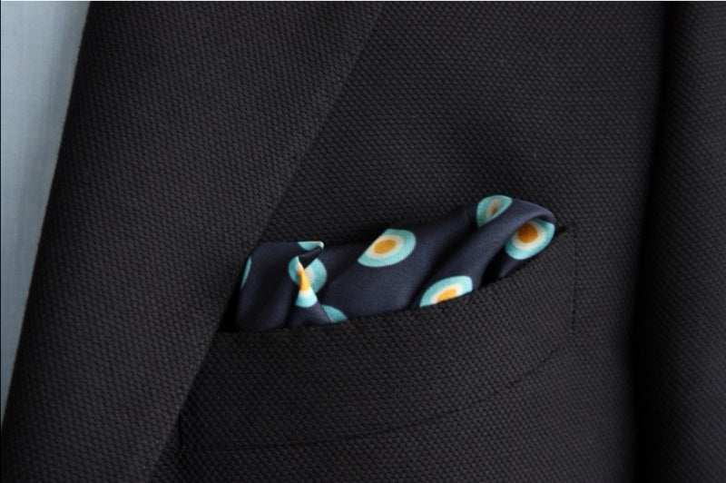 Kiton Pocket Square Navy & sky bullseye pattern, pure silk