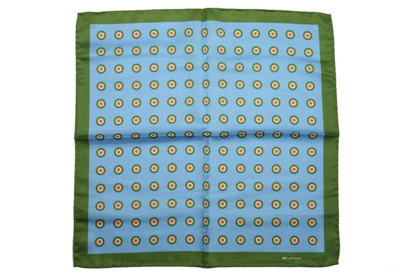 Kiton Pocket Square Sky with green grass bullseye pattern, pure silk