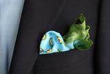 Kiton Pocket Square Sky with green grass bullseye pattern, pure silk