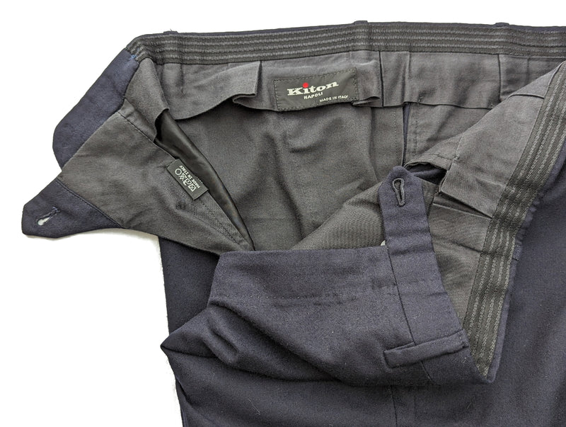 Kiton Trousers 38 Navy Flat Front Wool Flannel