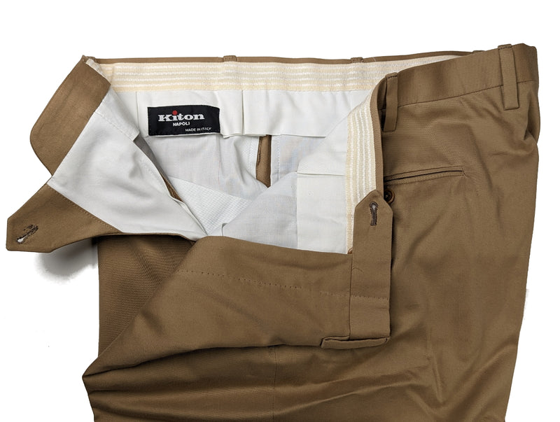 Kiton Trousers 36 Tan Pleated Cotton/Cashmere