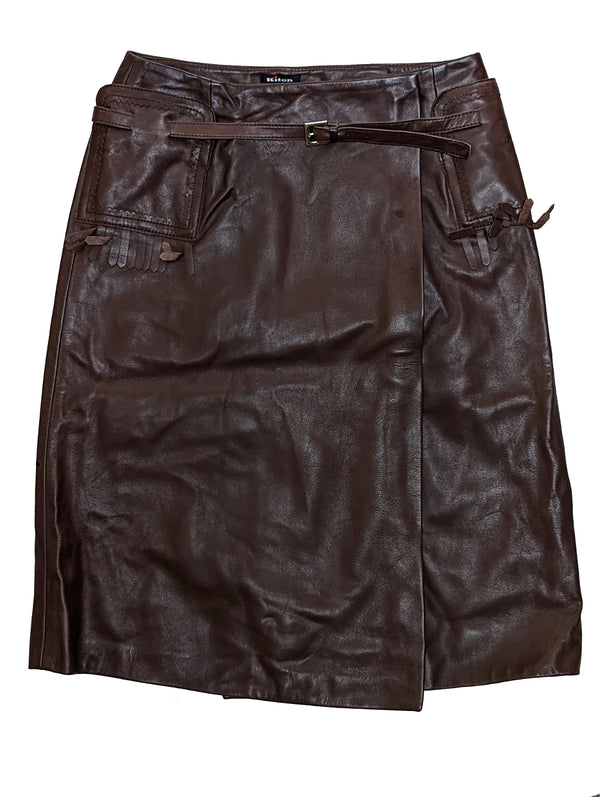 Kiton Women's Skirt Dark Brown Leather Fringed pockets IT 42