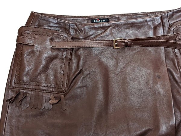 Kiton Women's Skirt Dark Brown Leather Fringed pockets IT 42