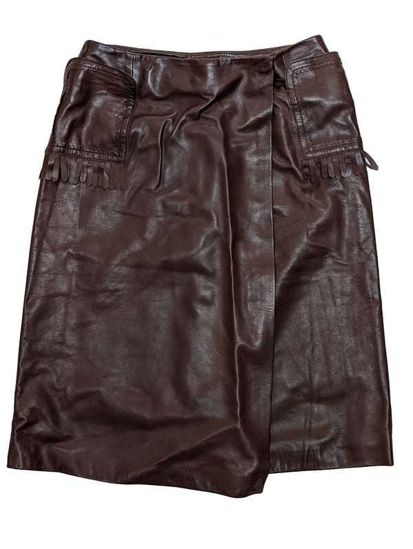 Kiton Women's Skirt Dark Brown Leather Fringed pockets IT 42