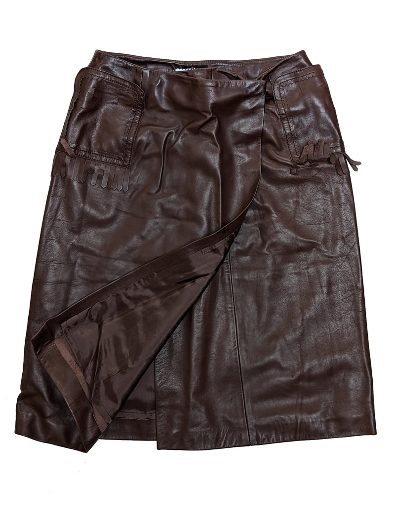 Kiton Women's Skirt Dark Brown Leather Fringed pockets IT 42