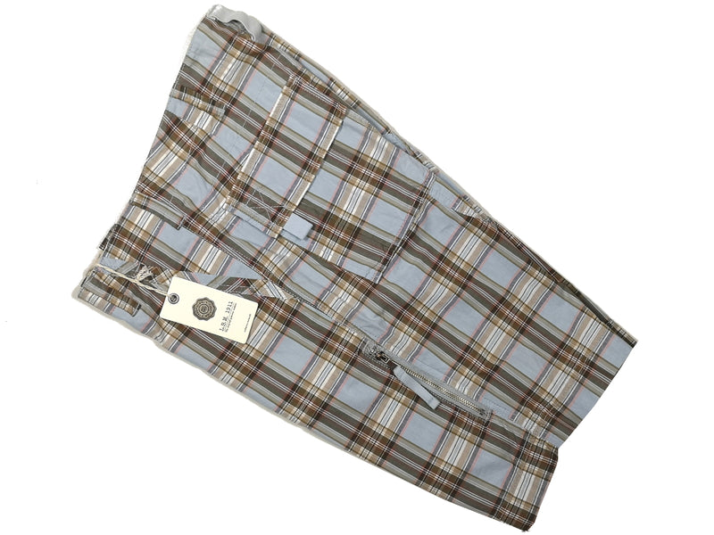 LBM 1911 Shorts 32, Sky/Brown/Pink Plaid Zip Cargo Pure Cotton