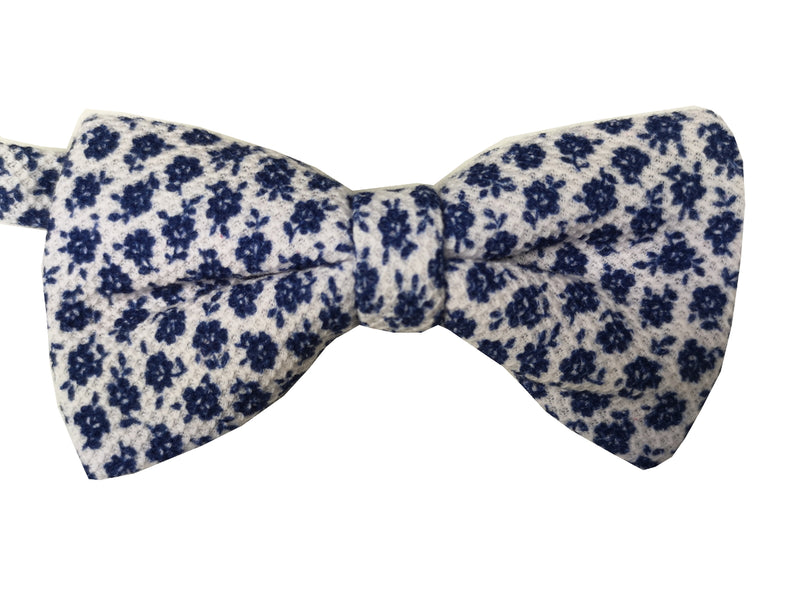 LBM 1911 Bow Tie, White with navy floral pattern Cotton