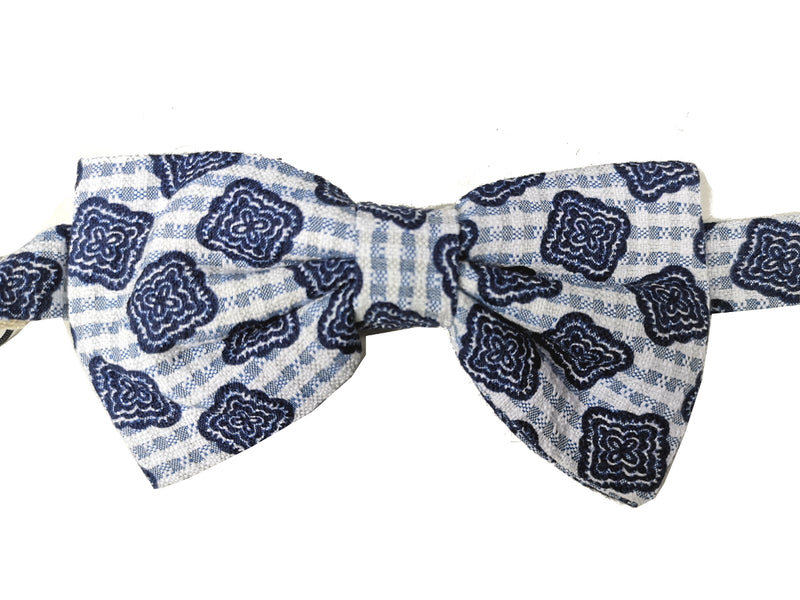 LBM 1911 Bow Tie, White with navy geometric pattern Cotton