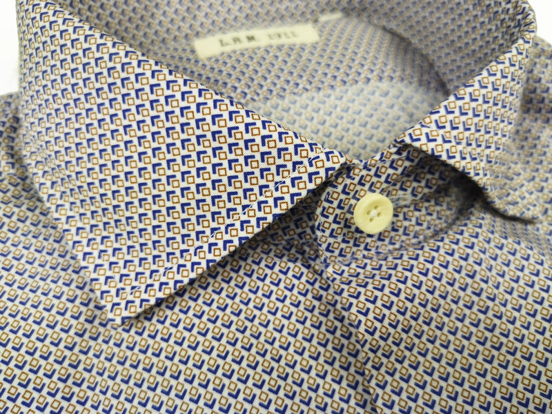 LBM 1911 Shirt 15.75, Royal blue/gold retro print Spread collar Cotton