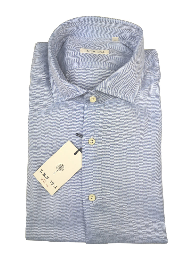 LBM 1911 Shirt 15.75, Light blue herringbone Spread collar Cotton