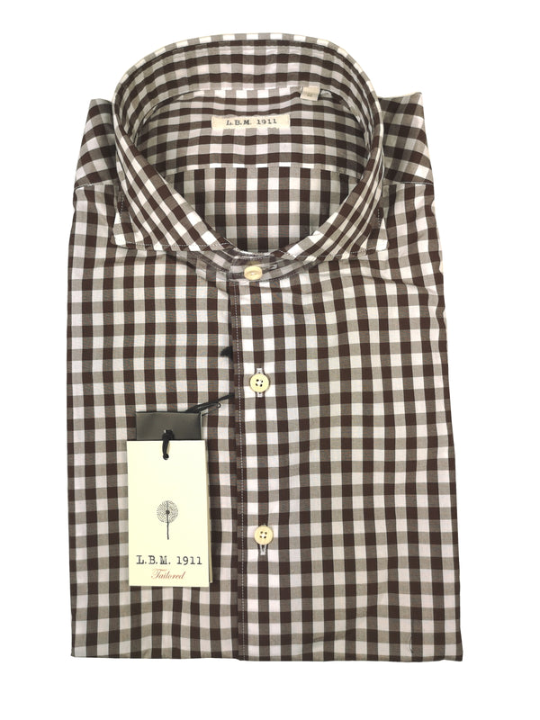 LBM 1911 Shirt 15.75, Brown/white gingham check Spread collar Cotton