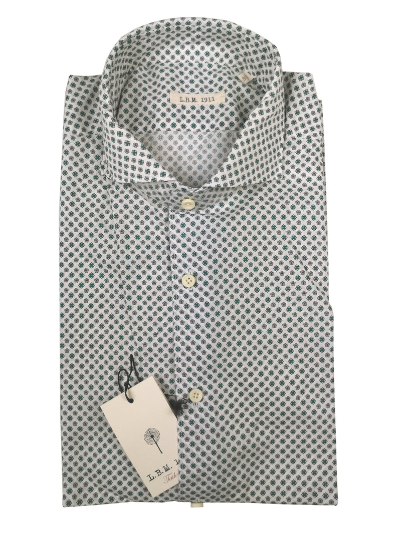 LBM 1911 Shirt 15.75, Teal vintage neat print Spread collar Cotton