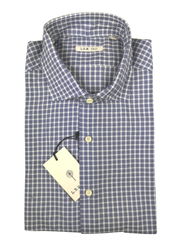 LBM 1911 Shirt 15.75, White with blue hash check Spread collar Cotton