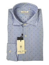 LBM 1911 Shirt 15.75, Blue/White stripe with navy woven dot Spread collar Cotton
