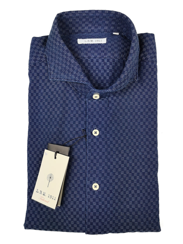 LBM 1911 Shirt 15.75, Blue with white box weave Spread collar Cotton