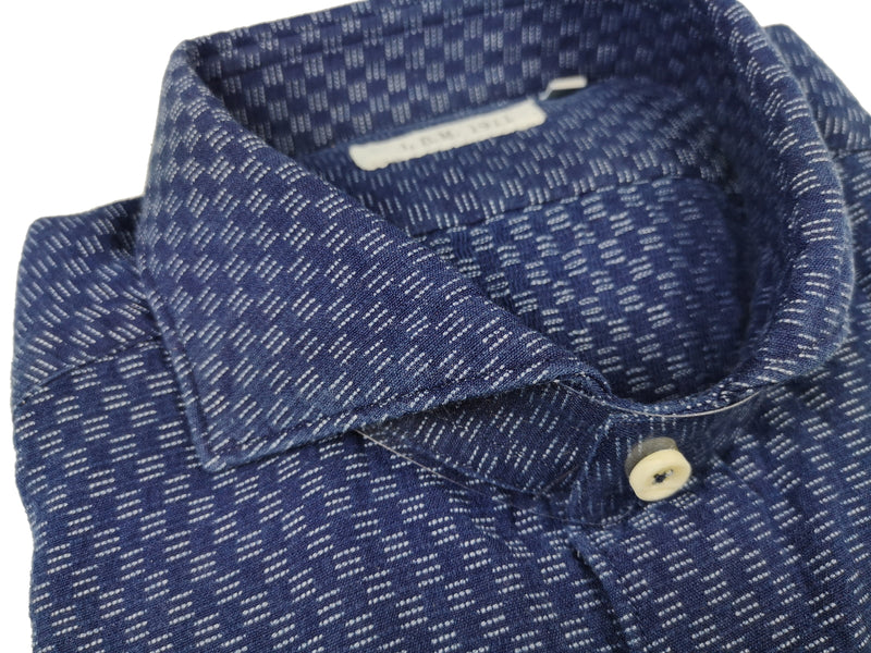 LBM 1911 Shirt 15.75, Blue with white box weave Spread collar Cotton
