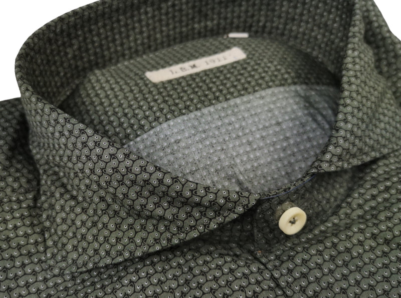 LBM 1911 Shirt 15.75, Olive green/black vintage print Spread collar Cotton