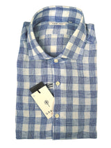 LBM 1911 Shirt 15.75, Blue/white plaid Spread collar Linen