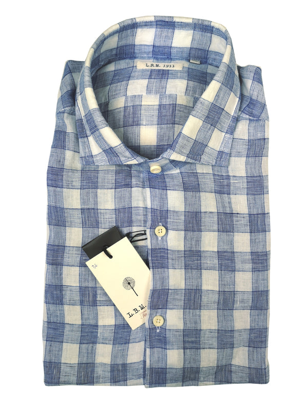 LBM 1911 Shirt 15.75, Blue/white plaid Spread collar Linen