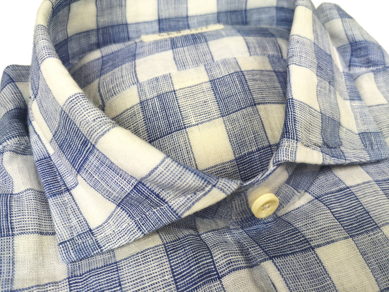 LBM 1911 Shirt 15.75, Blue/white plaid Spread collar Linen