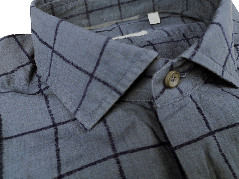 LBM 1911 Shirt 15.75, Washed indigo blue windowpane Spread collar Cotton