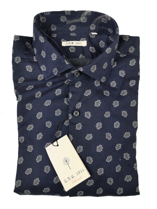 LBM 1911 Shirt 15.75, Dark denim blue leaf print Spread collar Cotton