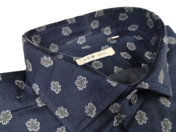 LBM 1911 Shirt 15.75, Dark denim blue leaf print Spread collar Cotton