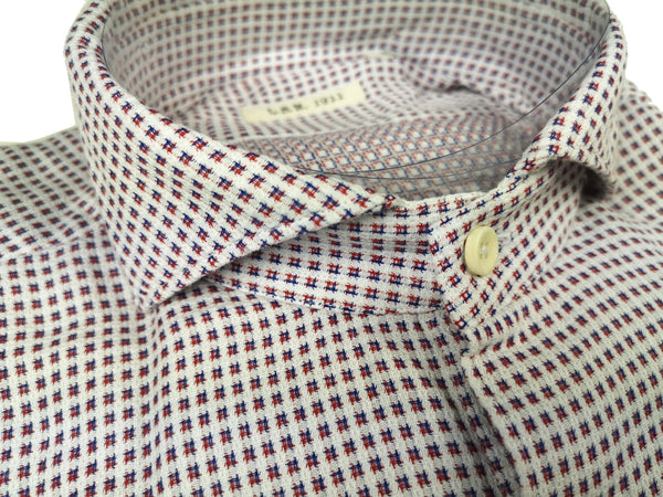 LBM 1911 Shirt 15.75, White with red/blue micro pattern Spread collar Cotton