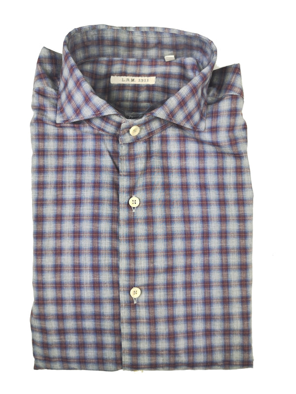 LBM 1911 Shirt 15.75, Heather grey with brick/blue plaid Spread collar Cotton