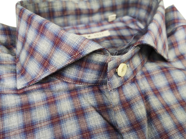 LBM 1911 Shirt 15.75, Heather grey with brick/blue plaid Spread collar Cotton