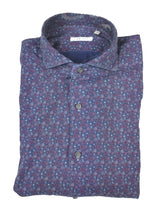 LBM 1911 Shirt 15.75, Blue with plum flowers Spread collar Cotton
