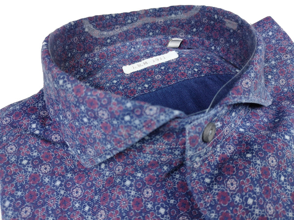 LBM 1911 Shirt 15.75, Blue with plum flowers Spread collar Cotton