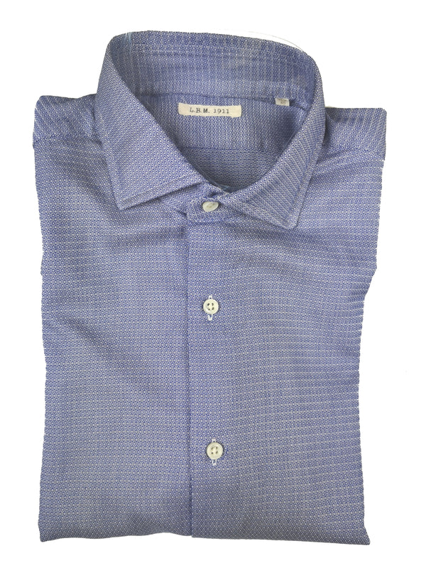 LBM 1911 Shirt 15.75, Blue with white retro print Spread collar Cotton