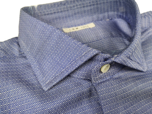 LBM 1911 Shirt 15.75, Blue with white retro print Spread collar Cotton