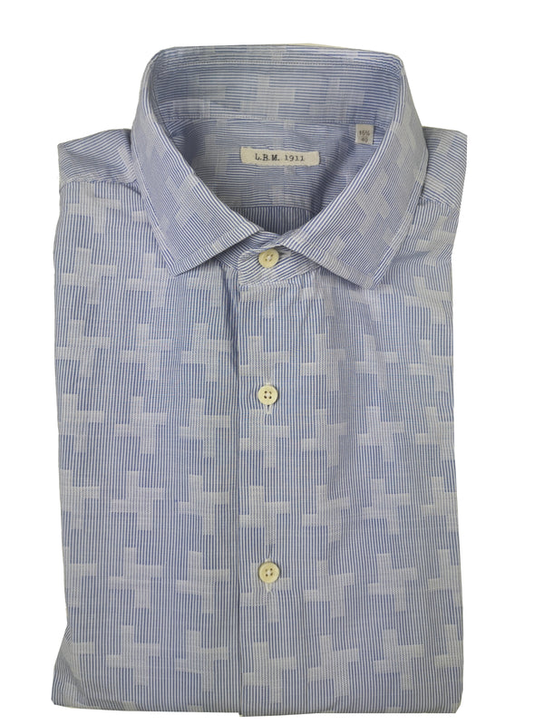 LBM 1911 Shirt 15.75, Blue/white micro stripe with large check Spread collar Cotton