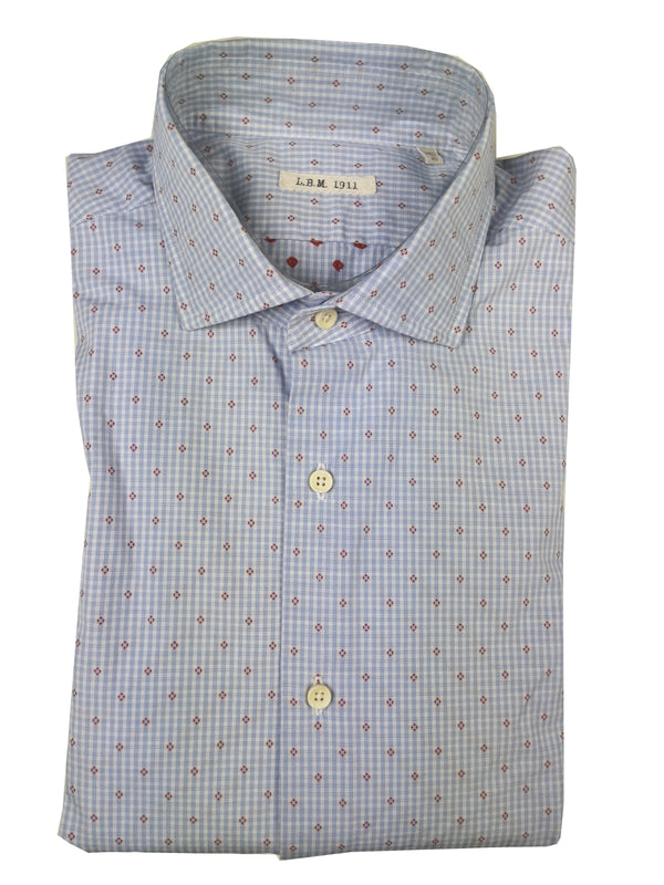 LBM 1911 Shirt 15.75, Blue/white micro check with red woven Spread collar Cotton