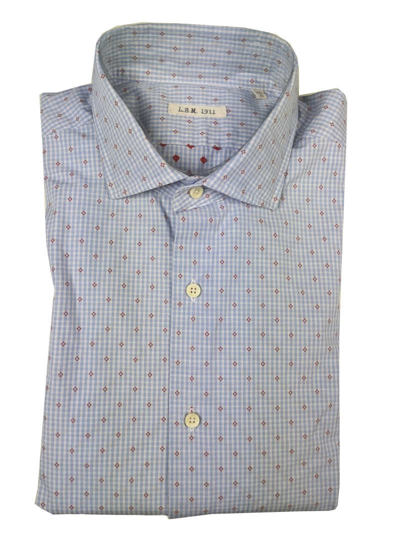 LBM 1911 Shirt 15.75, Blue/white micro check with red woven Spread collar Cotton