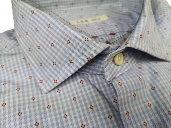 LBM 1911 Shirt 15.75, Blue/white micro check with red woven Spread collar Cotton