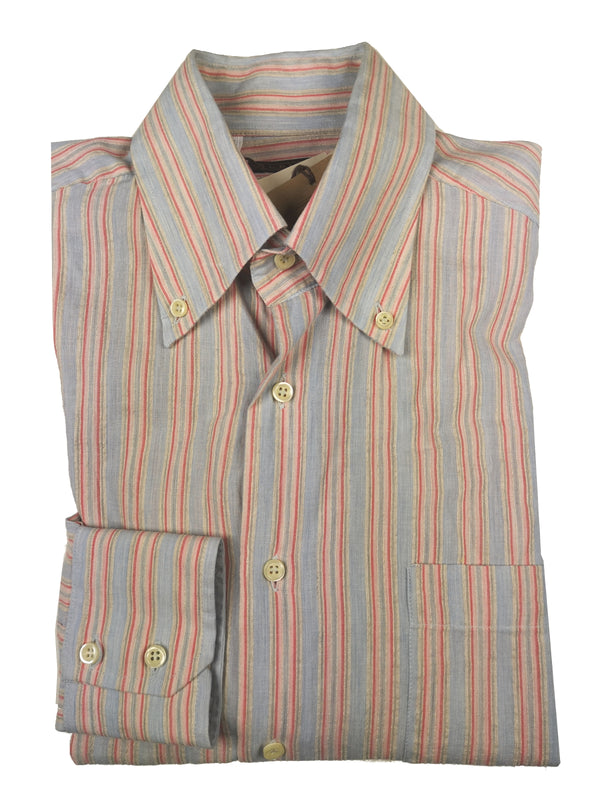 LBM 1911 Shirt 15.75, Antique grey/pink/tan stripe Button down collar Cotton/Hemp