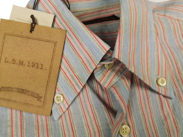 LBM 1911 Shirt 15.75, Antique grey/pink/tan stripe Button down collar Cotton/Hemp