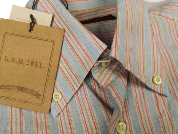 LBM 1911 Shirt 15.75, Antique grey/pink/tan stripe Button down collar Cotton/Hemp